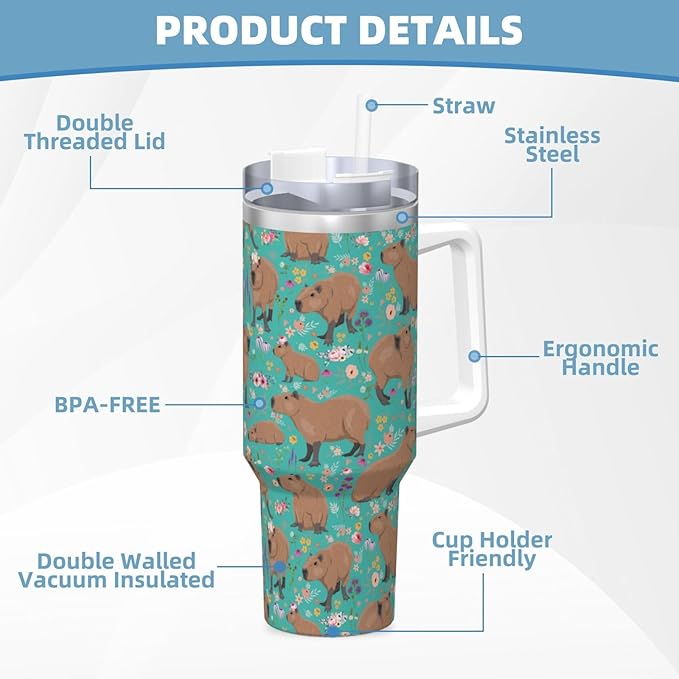 Capybara Gifts Capybara Tumbler Cute Cup Water Bottle for Girls, Teens, Women, Men Stainless Steel Vacuum Insulated 40oz Tumbler with Lid and Straw for Water, Iced Tea or Coffee, Blue