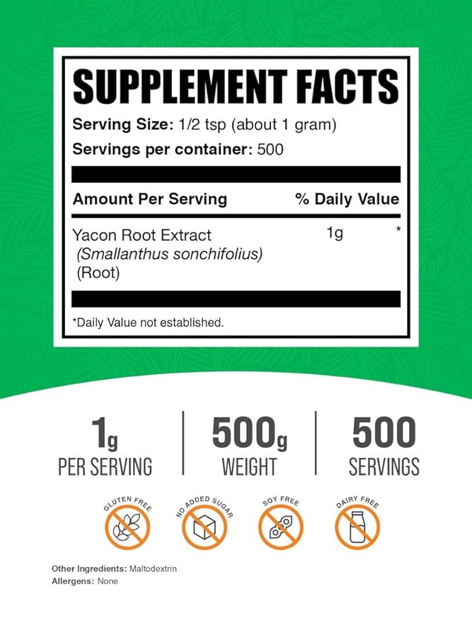 BulkSupplements.com Yacon Root Extract Powder - Sugar Substitute, Natural Fiber Sweetener - Gluten Free, 1g per Serving, 500g (1.1 lbs) (Pack of 1)