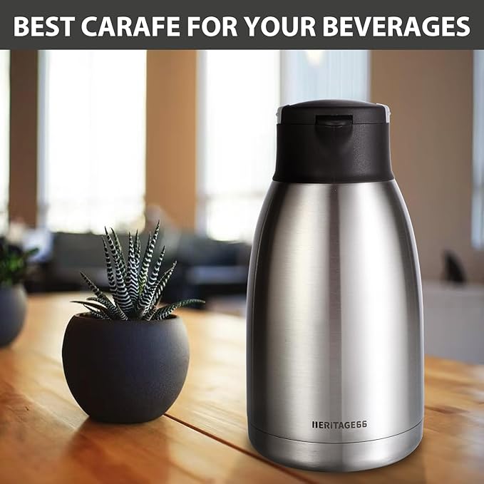 Heritage66 2L Thermal Coffee Carafe with Cleaning Brush – Triple-Wall Vacuum Insulated Stainless Steel Dispenser, 12h Hot / 24h Cold, Wide-Mouth Coffee & Tea Server
