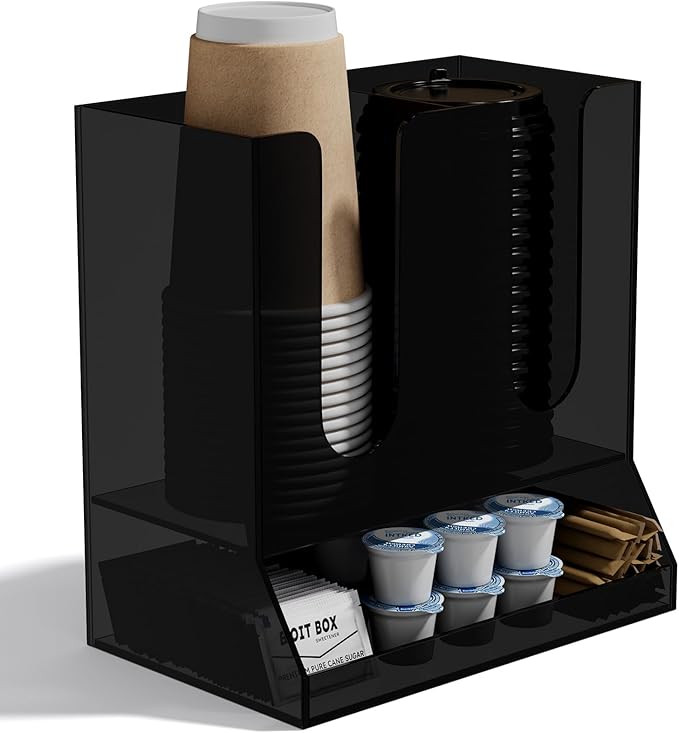 AITEE Acrylic Coffee Station Organizer for Countertop, Holds 20 Cups, All-in-One Coffee Cup and Lid Holder with Condiment Storage for Office Breakroom and Home Kitchen, Black