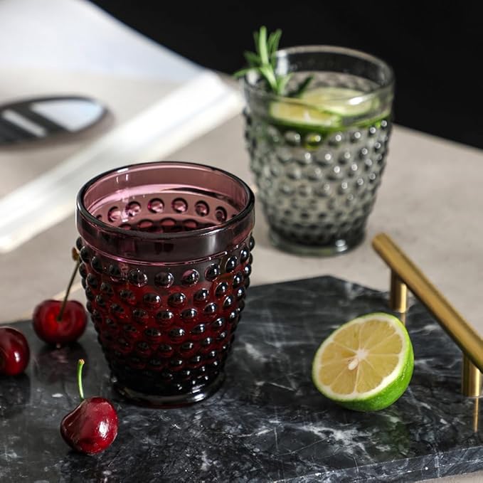 G Highball Hobnail Drinking Glasses Set of 6, 10.3 oz Vintage Glassware, Hobnail Tumbler Glasses Set for Cocktail, Soda, Beverages Whiskey,Juice,Cocktail, Milk, Dishwasher Safe, Good Gift Ideal-Purple