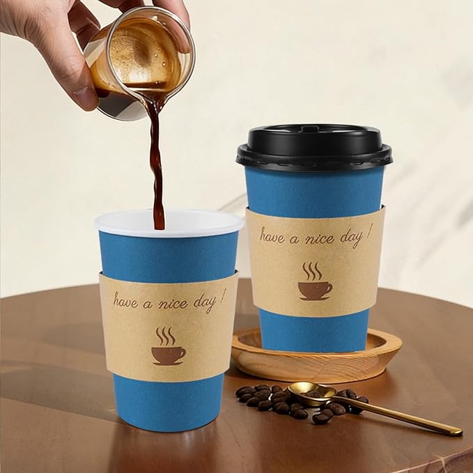 100 Pack 12 oz Coffee Cups with Lids, Disposable To Go Paper Coffee Cups with Sleeves and Stirring Sticks for Hot/Cold Drinks Office Home Shop Event (Navy)