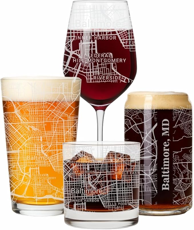 Blue Ridge Mountain Gifts - Baltimore Souvenir - Maryland Glassware Gift, Etched City Map, Laser Engraved and Dishwasher Safe