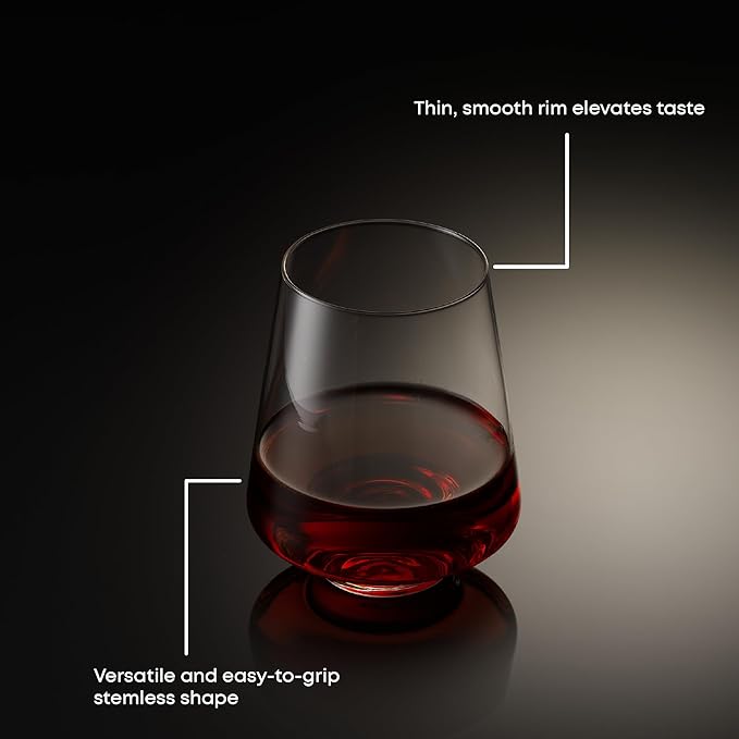 JoyJolt Sidney Stemless Wine Glasses Set of 4 | 19 oz Modern Drinking Glasses | Tapered Bulb Shaped Tumbler Cups for White and Red Wine | Home Bar Glass Set | Premium Crystal Made in Europe