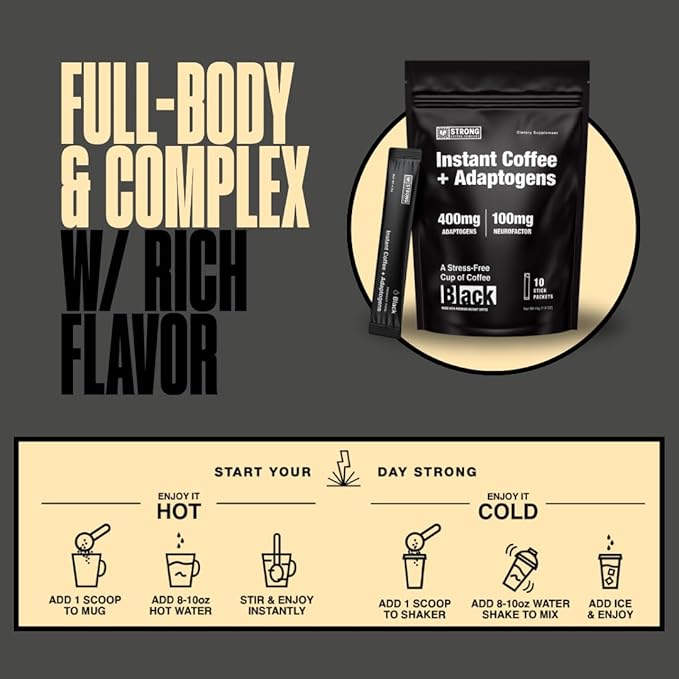 Strong Coffee Co. Instant Black Coffee - Adaptogens Organic Coffee with Ashwagandha, Reishi, MCT Oil, & L-theanine. No Jitters, No Crash (1, 10 Packets)