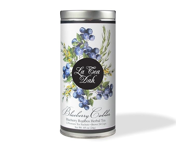 Blueberry Cobbler Tea by La Tea Dah, Blueberry Tea Made with Organic Rooibos Tea Leaves, Real Dried Blueberries, and Lavender Flowers, Gourmet Herbal Tea Package (12 Sachets)