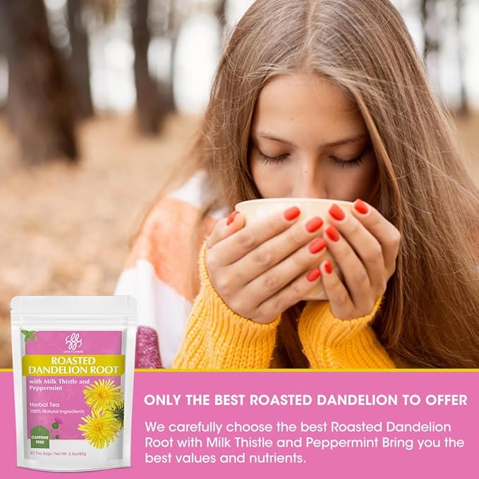 Premium Roasted Dandelion Root Tea with Milk Thistle and Peppermint - Herbal Tea for Cleanse and Digest, 40 bags