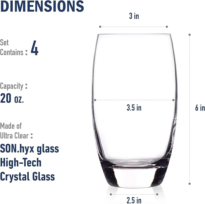 Luigi Bormioli Crescendo Highball Glasses, Set of 4-20 Oz Lead-Free Crystal Tall Tumblers with Thick Base - Laser Cut Rims, Classic for Cocktails, Water, Long Drinks - Made in Italy, Dishwasher Safe