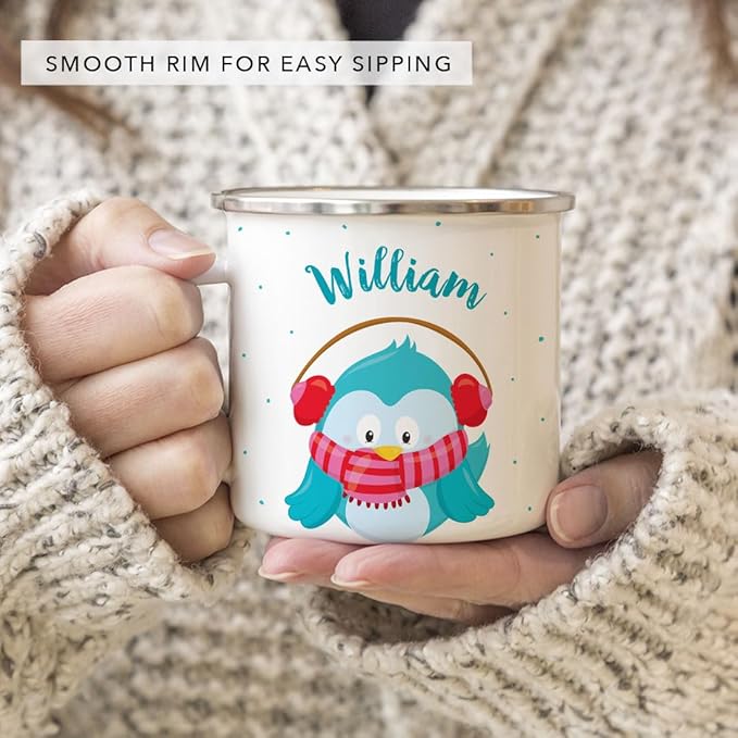 Andaz Press Personalized Name 11oz. Kids Christmas Hot Chocolate Stainless Steel Campfire Coffee Mug, Festive Blue Owl, 1-Pack, Custom Birthday Xmas Cup Hot Chocolate Mugs For Kids Christmas Mugs
