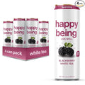 Happy Being Sparkling Nutrient-Rich Blackberry Citrus White Tea – Infused with Turmeric, Elderberry, Vitamin D3, Caffeine Free, Plant-Based, Low Calorie & Low Sugar Drinks, 12oz (4 Pack)