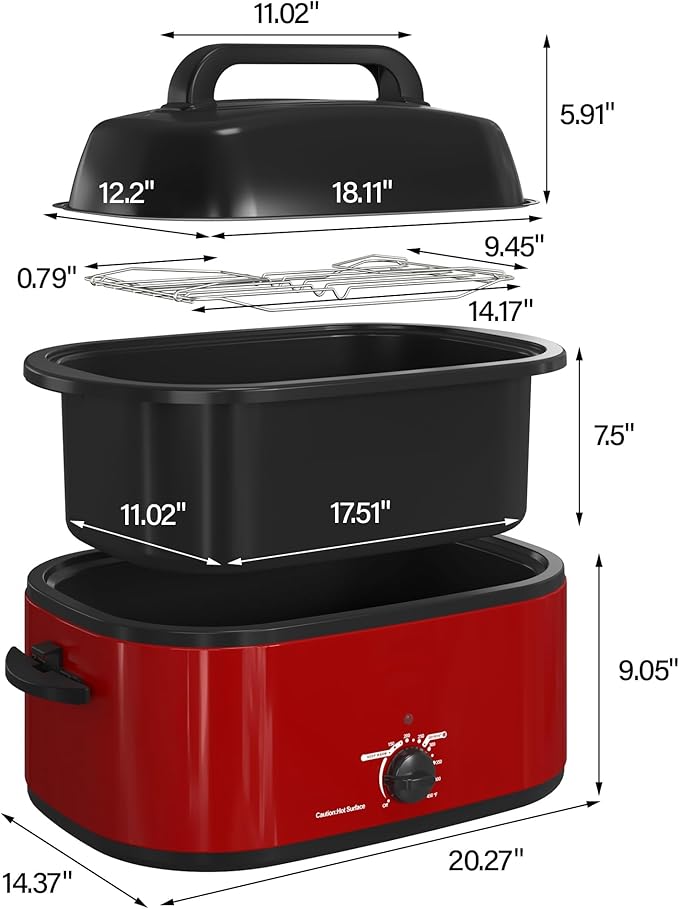 RoyalCraft 22-Quart Electric Roaster Oven with Visible Self-Basting Lid, Turkey Roaster Oven with Removable Pan and Rack, Perfect for Large Meals and Holiday Feasts, Red