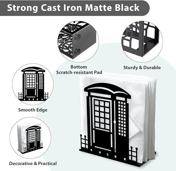 Telephone Booth Decorative Black Metal Napkin Holder for Table, 4.9" x 5.3" x 1.9" Phone Booth Standing Napkin Holder for Home Kitchen Restaurant Picnic Party Coffee Bar Dining Room