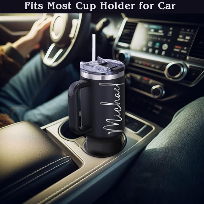 iProductsUS 40oz Personalized Black Tumbler with Handle & Straw Christmas Gift for Mom & Wife! Custom Engraved Name, Spill-Proof Lid, Insulated Stainless Steel Travel Coffee Mug. (Matt Black)