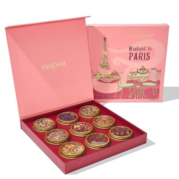 VAHDAM, Weekend in Paris Christmas Tea Gift Set - 9 Loose Teas | Tin Caddy Travel Edition Gift Box | Christmas 2025 Gift Ideas for Women & Men | Gluten Free, Non GMO