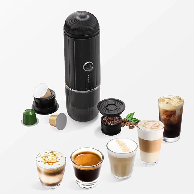 Portable Espresso Machine with 3-4 Min Self-heating, 12V Rechargeable Electric 2-in-1 Coffee Machine Compatible with NS Capsules and Ground Coffee for Car Camping Travelling Office Home , Green