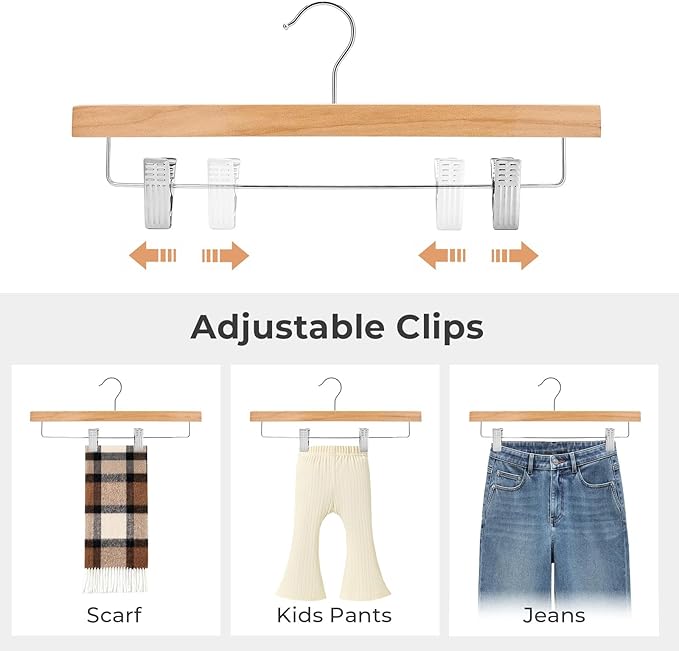 HOUSE DAY Wooden Pants Hangers with Clips, Solid Lotus Deluxe Wood Skirt Hangers, Heavy Duty & Anti-Rust Hook for Wrinkle-Free Slacks, Skirts, Jeans, Space Saving for Closet 10 Pack (Natural)
