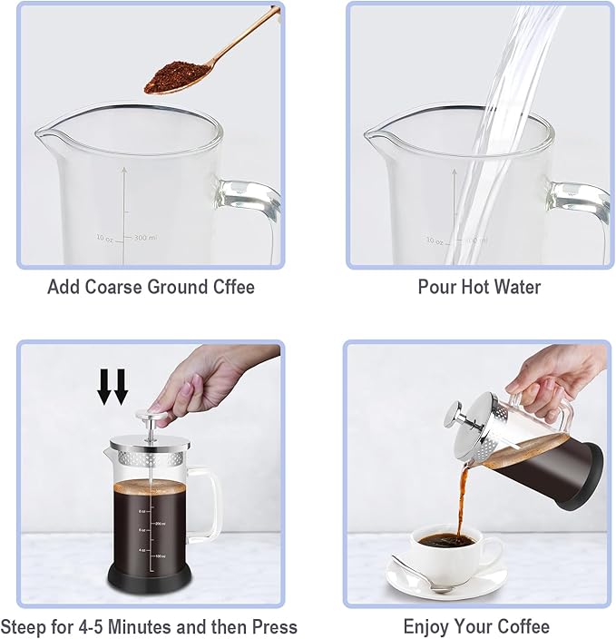 Mini French Press Coffee Maker-304 Stainless Steel Grilles, Borosilicate Glass Small Coffee Press,Non-slip Silicone Base-12 oz /350 ml with 2 Filter Screen-2 Cup Teapot