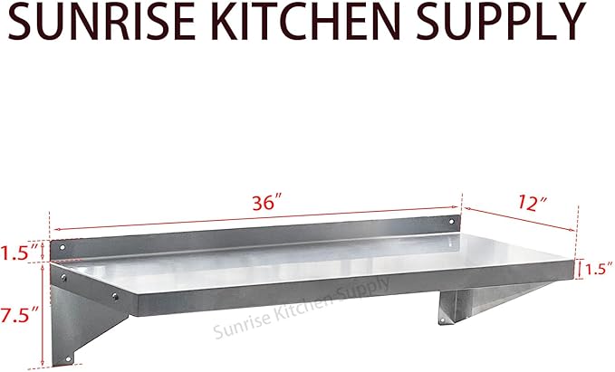 SUNRISE Commercial 430 Stainless Steel Kitchen Wall Shelf, NSF Certificated, Wall Mounted, Solid Shelving for Restaurants, Bars & Hotels (12" x 36")