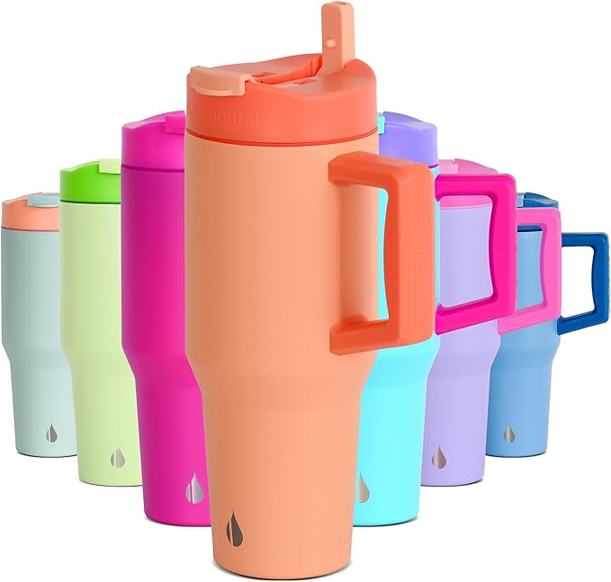 Elemental 32 oz 100% Leak Proof Tumbler with Handle & Straw - Stainless Steel Double Wall Insulated Tumbler for Hot and Cold Beverages - Travel Coffee Mug with Sip & Straw Lid - Peach Sunrise