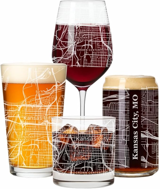 Blue Ridge Mountain Gifts - Kansas City Souvenir - Missouri Glassware Gift, Etched City Map, Laser Engraved and Dishwasher Safe