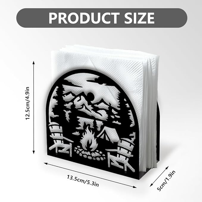 Camping Bonfire Outdoors Decorative Black Metal Napkin Holder for Table, 5.3" x 4.9" x 1.9" Mountain Standing Napkin Holder for Home Kitchen Restaurant Picnic Party Coffee Bar Dining Room