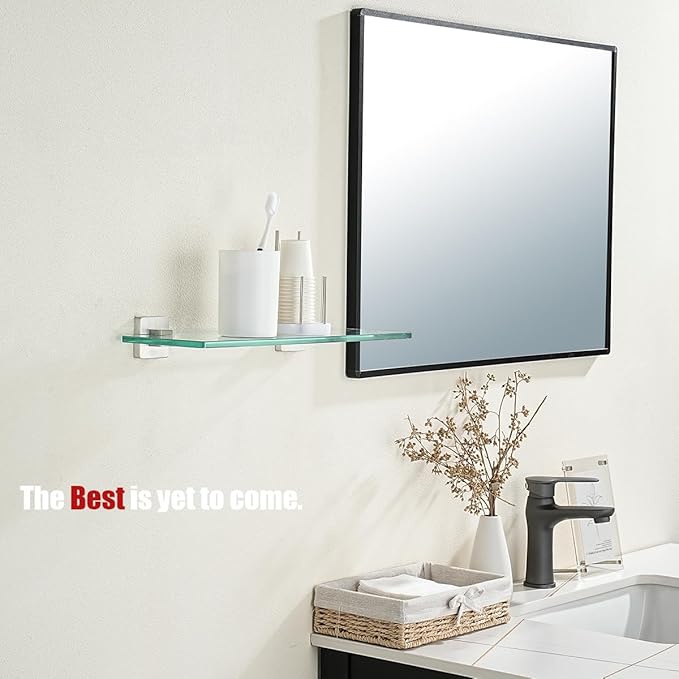 JQK Bathroom Glass Shelf, Floating Tempered Glass Shower Storage 16 by 5 inches, 304 Stainless Steel Brushed Finish Wall Mount 2 Pack, TGS201L16-BN-P2