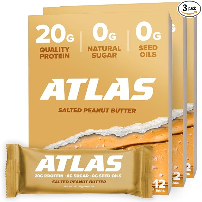Atlas Bar – 20g Protein, 1g Sugar, 0g Seed Oils, 0g Artificial Sweeteners (Salted Peanut Butter, 36 Count)