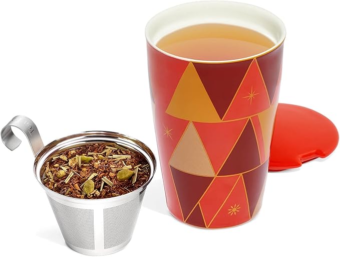 Tea Forte Double-Walled Ceramic Kati Cup, Removable Stainless Steel Infuser Basket and Lid, Steeps 12 oz Loose Leaf Tea, Dishwasher & Microwave Safe, Warming Joy