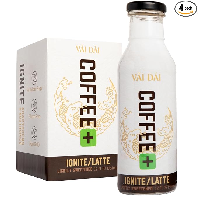 Vai Dai Coffee Latte 4-pack, Lightly Sweetened, Ready-to-Drink, Functional, Adaptogens & Nootropics for Energy, Focus & Mental Clarity, with Lion’s Mane, Ashwagandha, Mushrooms & Cordyceps, Gluten-Free, Non-GMO. VaiDai