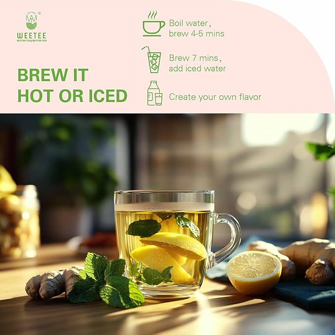 WT WEETEE Decaf Ginger Peach Green Tea Bags, Made of Decaffeinated Green Tea, Ginger & Natural Peach Flavor, Flavored Fruit Tea Bags 50 Counts Good for Iced