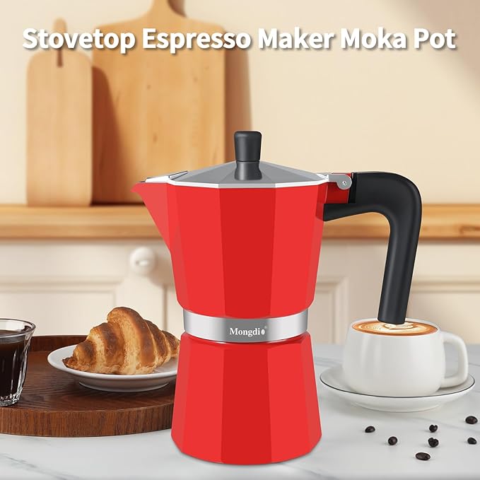 Mongdio Stovetop Espresso Maker Moka Pot, Stove Top Cuban Coffee Maker, Italian Greca Mocha Pot, 9 Espresso Cups, 15 oz - Red