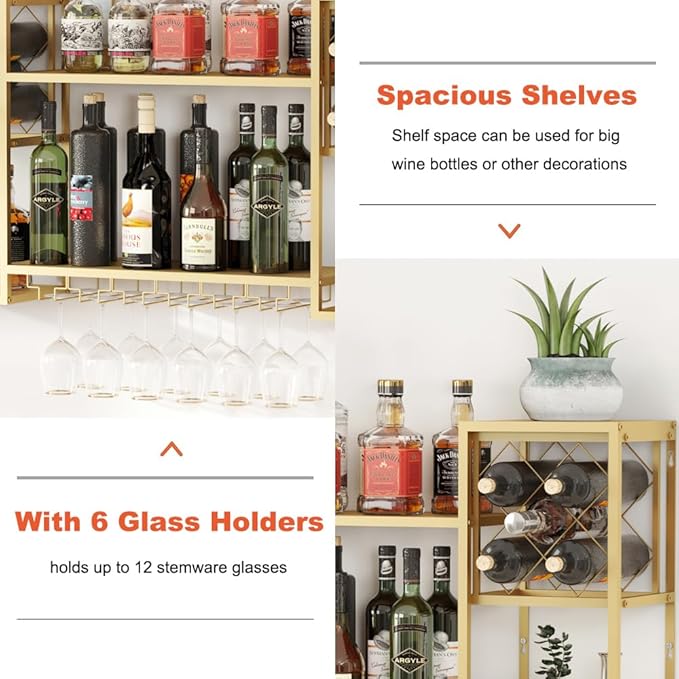Metal Wall Mounted Wine Rack with Glass Holder, 2 Tier Mini Floating Bar Shelves, Liquor Bottle Display Shelf for Home Bar Kitchen Dining Room (Gold)