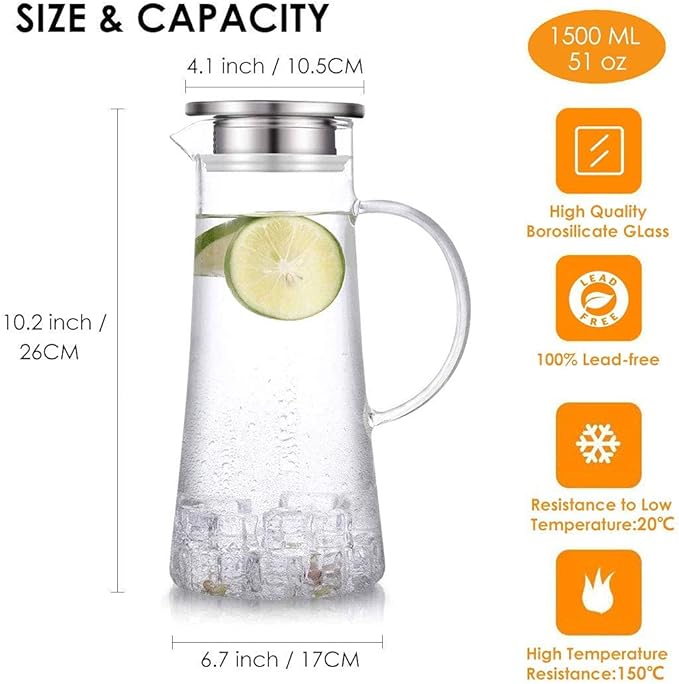 Glass Pitcher With Lid, 51oz/1.5Liter Water Carafe With Handle for Fridge, Iced Tea, Milk, Hot and Cold Beverage, Borosilicate Juice Jug