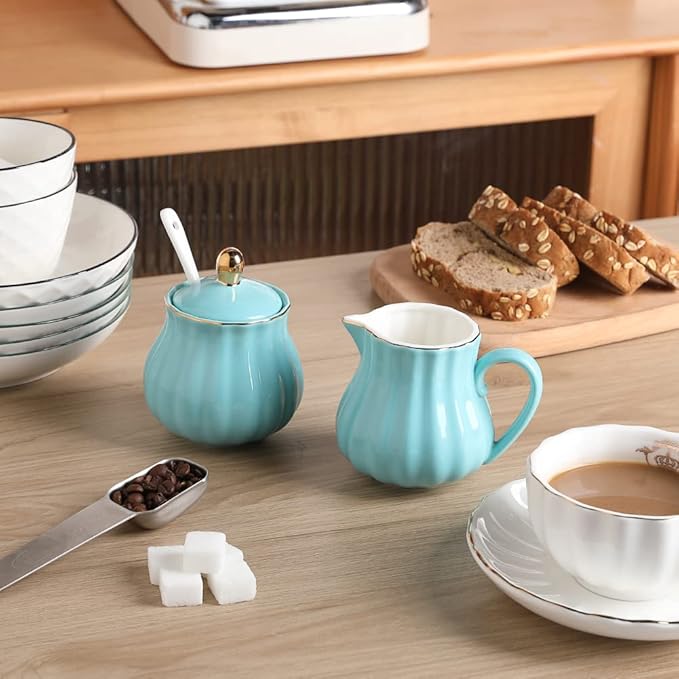 Sweejar Royal Ceramic Sugar and Creamer Set, 3 Piece Set with Cream Pitcher, Sugar Bowl, Sugar Set with Lid & Spoon, Coffee Serving Set Wedding Gift(Turquoise)