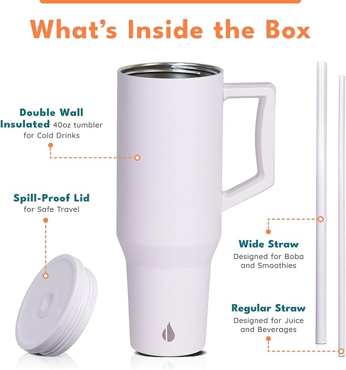 Elemental 40 oz Tumbler with Handle and Straw - Spill Proof Insulated Stainless Steel Commuter for Hot and Cold Beverages - Travel Coffee Mug with 2 Straws & Spill Proof Lid - 40oz - White