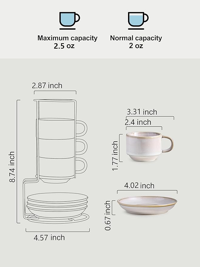 Gomakren 2.5 Ounce Espresso Cups Set of 4, Small Stackable Coffee Cups with Saucers and Metal Stand, Christmas Porcelain Demitasse Cups for Specialty Coffee Drinks, Espresso, Cappuccino, Latte, White