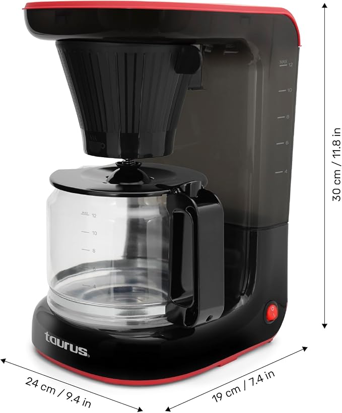 Taurus Velvet 12-Cup Drip Coffee Maker, Glass Carafe, Modern Compact Design, Non-Programmable, Easy-Clean Reusable Filter, Auto Shut-Off, Black