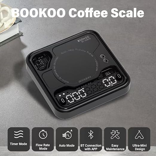 BOOKOO Coffee Scale with Storage Bag Esprosse with Timer Mini Digtial Coffee Scale Rechargeable with Auto Mode Flow Rate Mode Scale for Coffee APP Bluetooth Connection Coffee Bean Scale