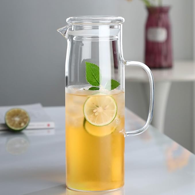 hjn Glass Water Pitcher with Lid Glass Water Carafe with Handle, Fridge Water Jug for Cold or Hot Beverages,Iced Tea,Milk,Juice 1500ml/51oz & glass lid