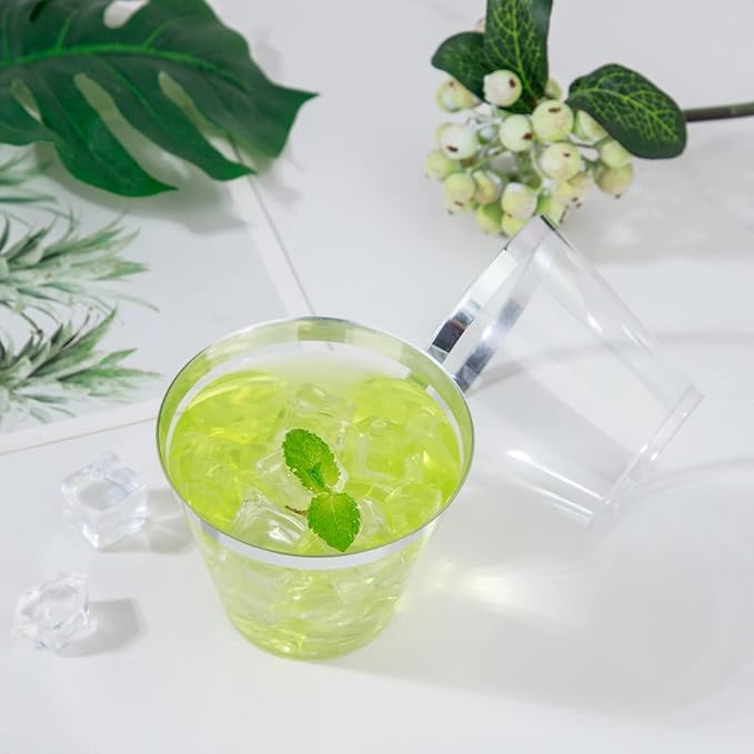 WELLIFE 120PCS Silver Disposable Plastic Cups,9 oz Clear Plastic Cups,Disposable Wine Glasses for Party and Christmas