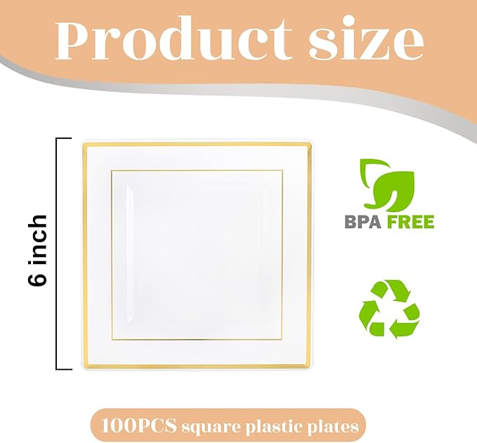 bUCLA 100PCS Clear Gold Plastic Square Plates - 6 Inch Clear Disposable Dessert/Cake Plates with Gold Trim - Ideal for Weddings,Birthday&Party