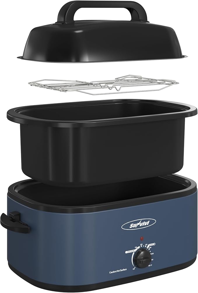 Sunvivi 28 Quart Electric Roaster Oven Turkey Roaster with Lid Electric Roasters with Removable Pan Large Roaster,Visible & Self-basting Lid, Fast Heating & Thaw/warming Setting,Dark Blue
