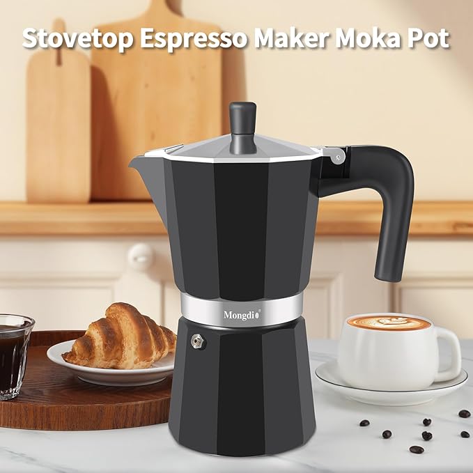 Mongdio Stovetop Espresso Maker Moka Pot, Stove Top Cuban Coffee Maker, Italian Greca Mocha Pot, 12 Espresso Cups, 20 oz - Black