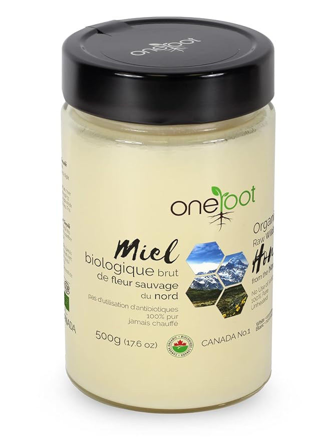 Oneroot 100% Organic Canadian Wildflower Honey - 17.6 Oz/1.1 Lbs, Unheated & Creamed - Nutrient-Rich, Natural Sweetener with Enzymes - Thick & Pure Raw Unfiltered Honey