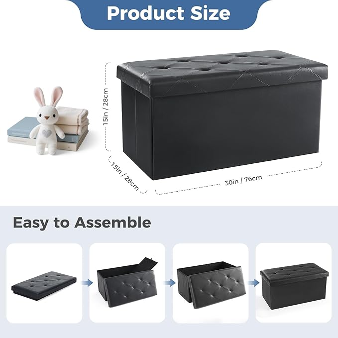 DUMOS Folding Storage Ottoman Bench 30in, Synthetic Leather Foot Rest Stools Ottoman with Storage Chest Footstool for Living Room, Bedroom, Load 660 lb, Modern Black