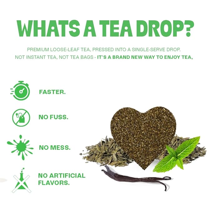Tea Drops Lightly Sweetened Organic Tea Bulk Box | Sweet Peppermint | Caffeine Free | Iced or Hot Herbal Tea Beverages Gift Set | Includes Organic Peppermint Oil & Spearmint Leaves | 10 Drops per Box