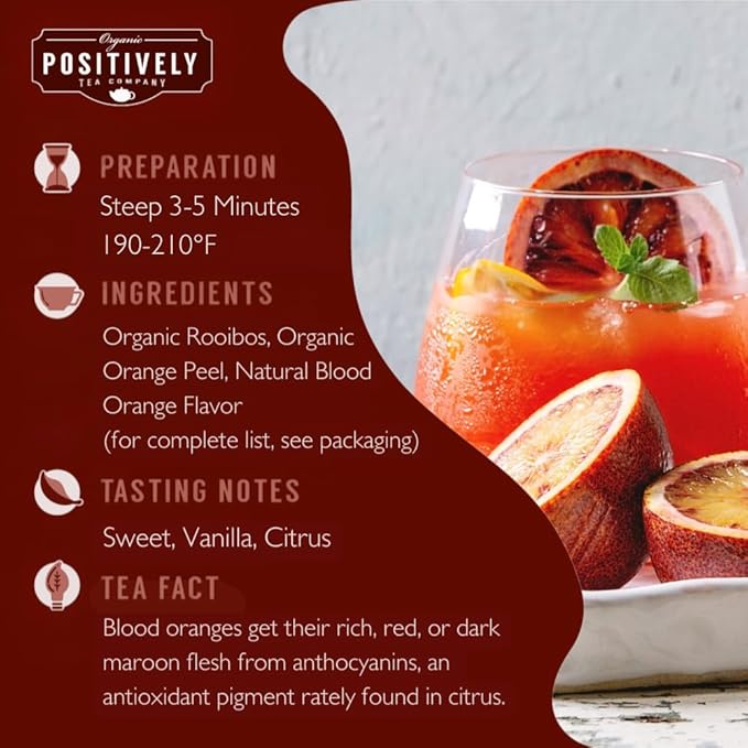 Organic Positively Tea Company, Blood Orange Vanilla Rooibos Tea Bags, 20 Count