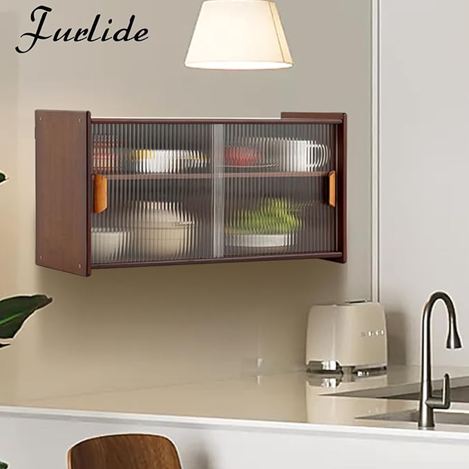 Wall Mounted Bamboo Countertop Storage Cabinet with Glass Door, Hanging Kitchen Cupboard with Adjustable Shelves, Small Pantry Sideboard for Dining Room, Bathroom, Walnut