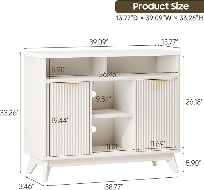 Fluted Storage Cabinet, 39" Sideboard Buffet with Storage, Mid Century Modern Accent Cabinet with Doors and Shelves, Multifunctional Console Table Coffee Bar for Living Room and Kitchen, White