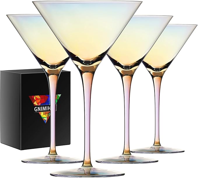 Iridescent Martini Glasses Set of 4-9 oz, Handmade Premium Crystal Cocktail Glasses, Martini, Cosmopolitan, Manhattan, Gimlet, Pisco Sour, Christmas Gifts for Men Women, Iridescent